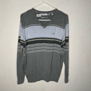 Travis Matthew Golf Sweater Men’s size L Blue Gray Striped V-neck Pullover Sport